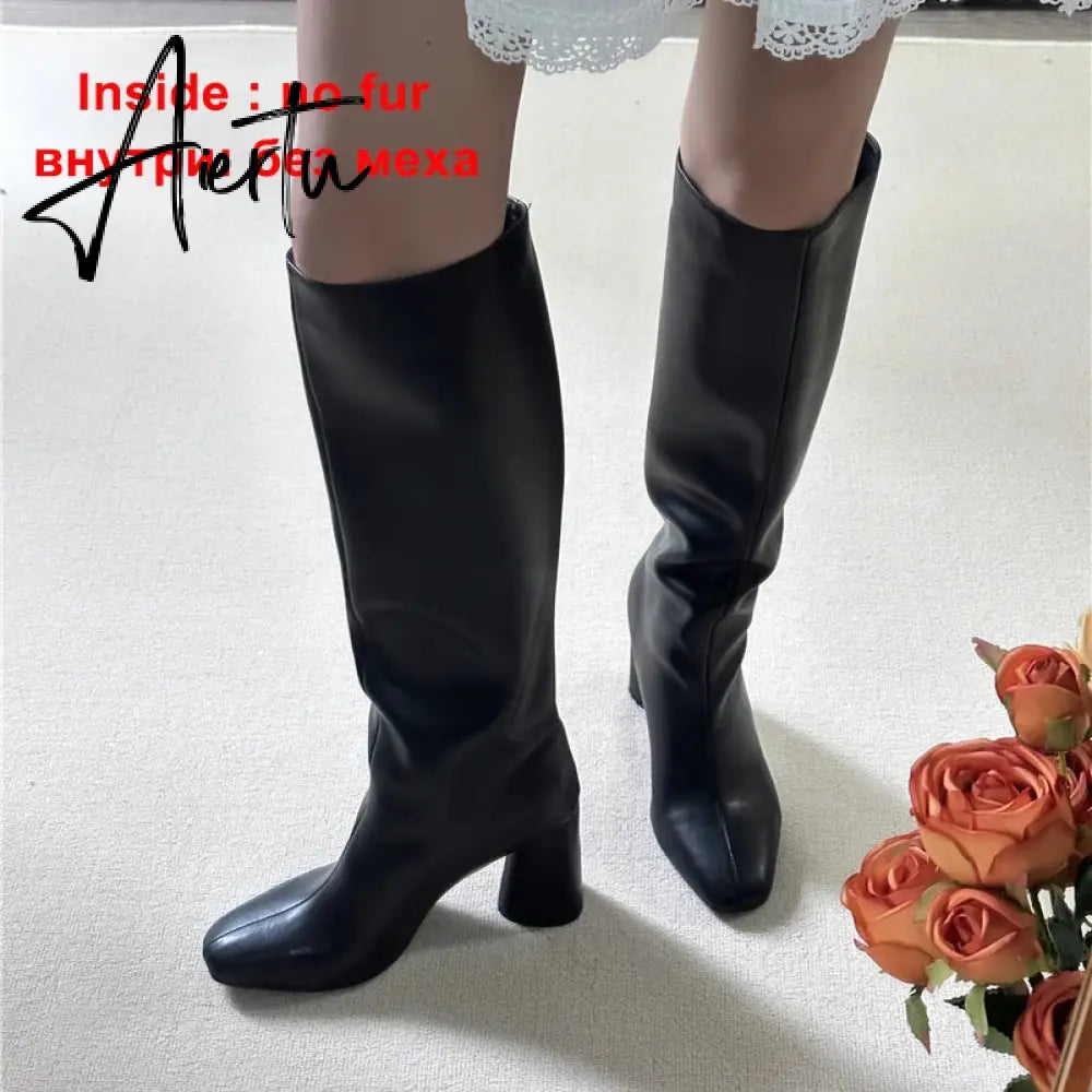 Meotina Women Genuine Leather Knee High Boots Square Toe Chunky High Heels Zipper Long Boots Lady Fashion Shoes Autumn Winter 43 Aiertu