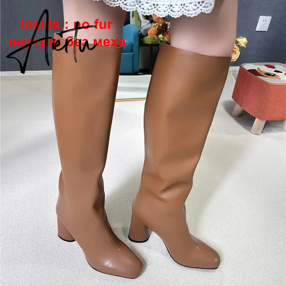 Meotina Women Genuine Leather Knee High Boots Square Toe Chunky High Heels Zipper Long Boots Lady Fashion Shoes Autumn Winter 43 Aiertu