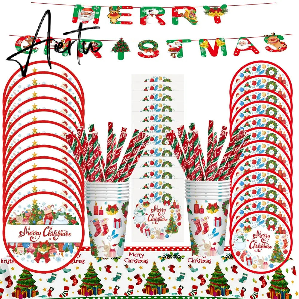 Merry Christmas Disposable Tableware Xmas Butterfly Lattice Disposable Paper Cup Plates Banner for Christmas Party Decoration Aiertu