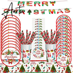 Merry Christmas Disposable Tableware Xmas Butterfly Lattice Disposable Paper Cup Plates Banner for Christmas Party Decoration Aiertu