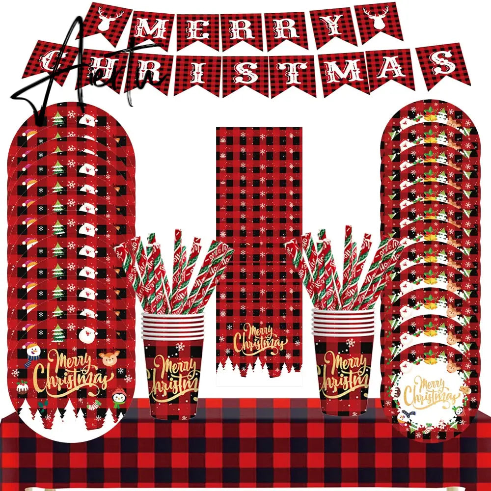 Merry Christmas Disposable Tableware Xmas Butterfly Lattice Disposable Paper Cup Plates Banner for Christmas Party Decoration Aiertu