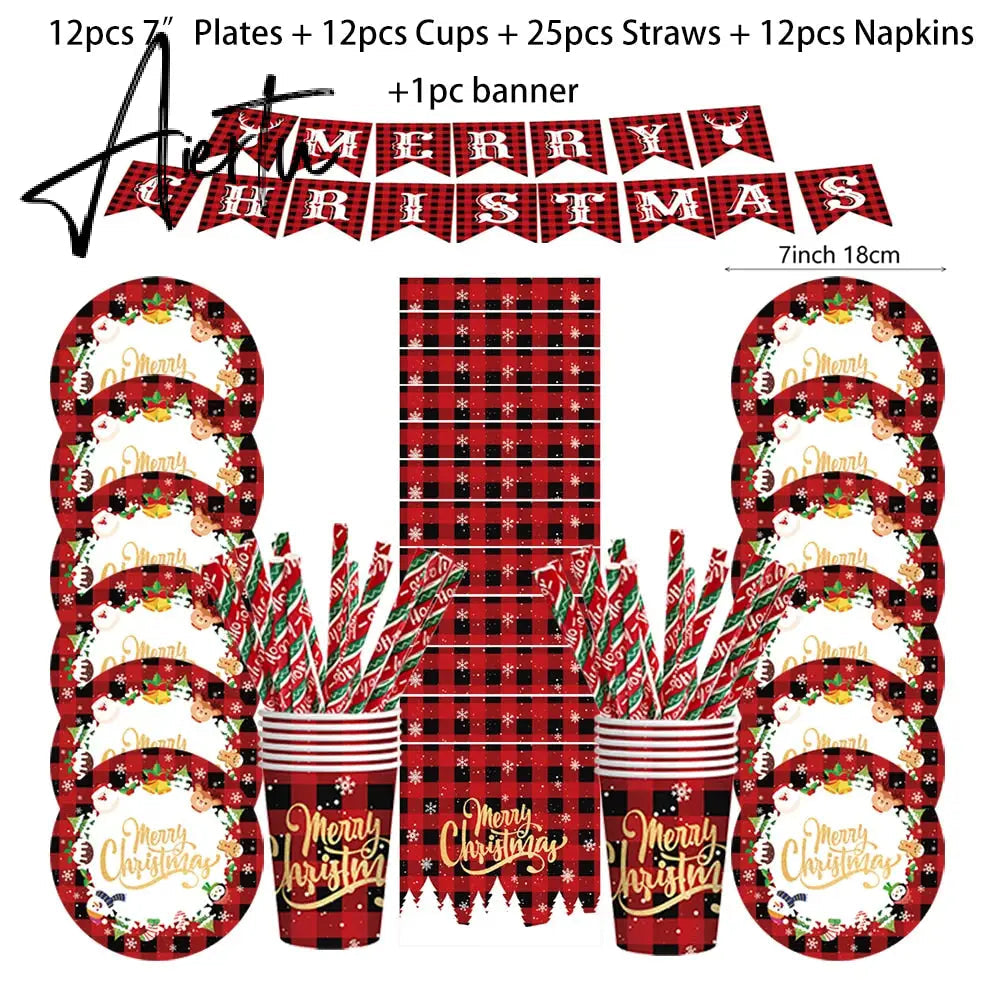 Merry Christmas Disposable Tableware Xmas Butterfly Lattice Disposable Paper Cup Plates Banner for Christmas Party Decoration Aiertu