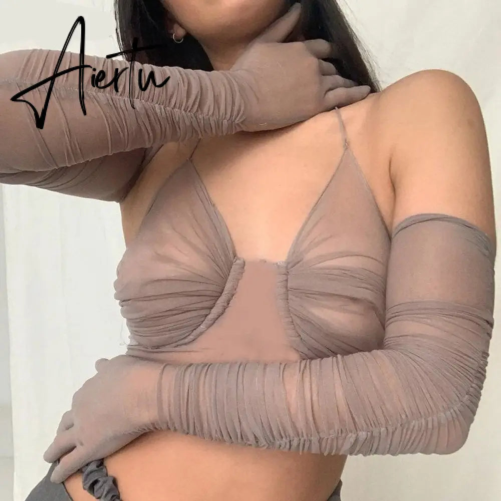 Mesh Patchwork See-Through Sexy Crop Tops With Gloves Summer Women Fashion Streetwear Outfits Tshirts Club Tees Aiertu