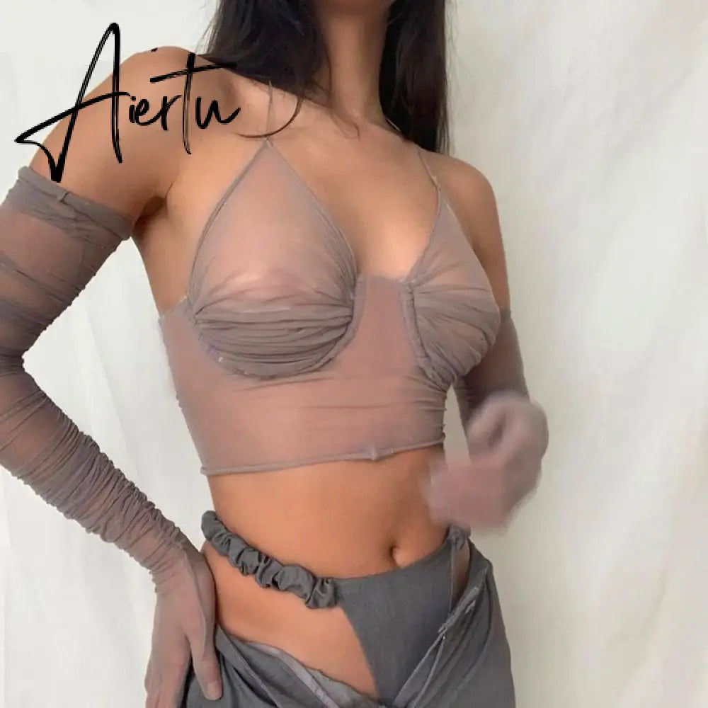 Mesh Patchwork See-Through Sexy Crop Tops With Gloves Summer Women Fashion Streetwear Outfits Tshirts Club Tees Aiertu