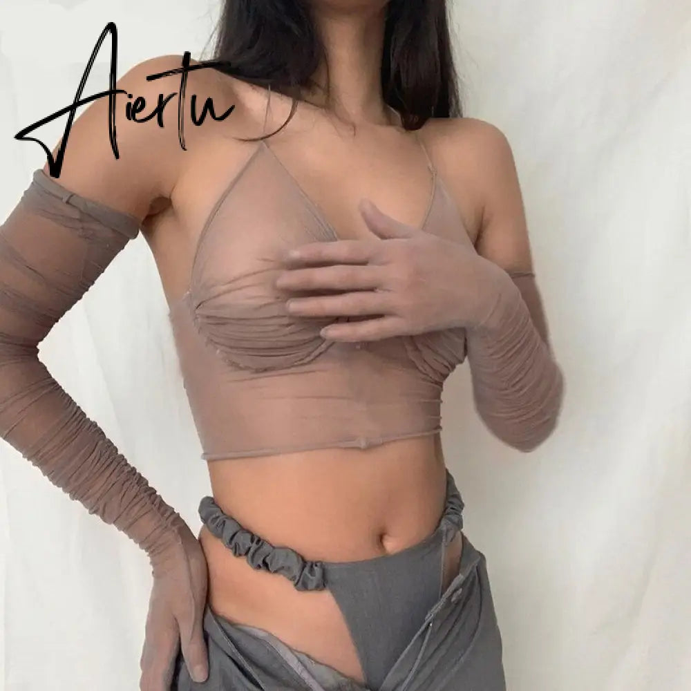 Mesh Patchwork See-Through Sexy Crop Tops With Gloves Summer Women Fashion Streetwear Outfits Tshirts Club Tees Aiertu