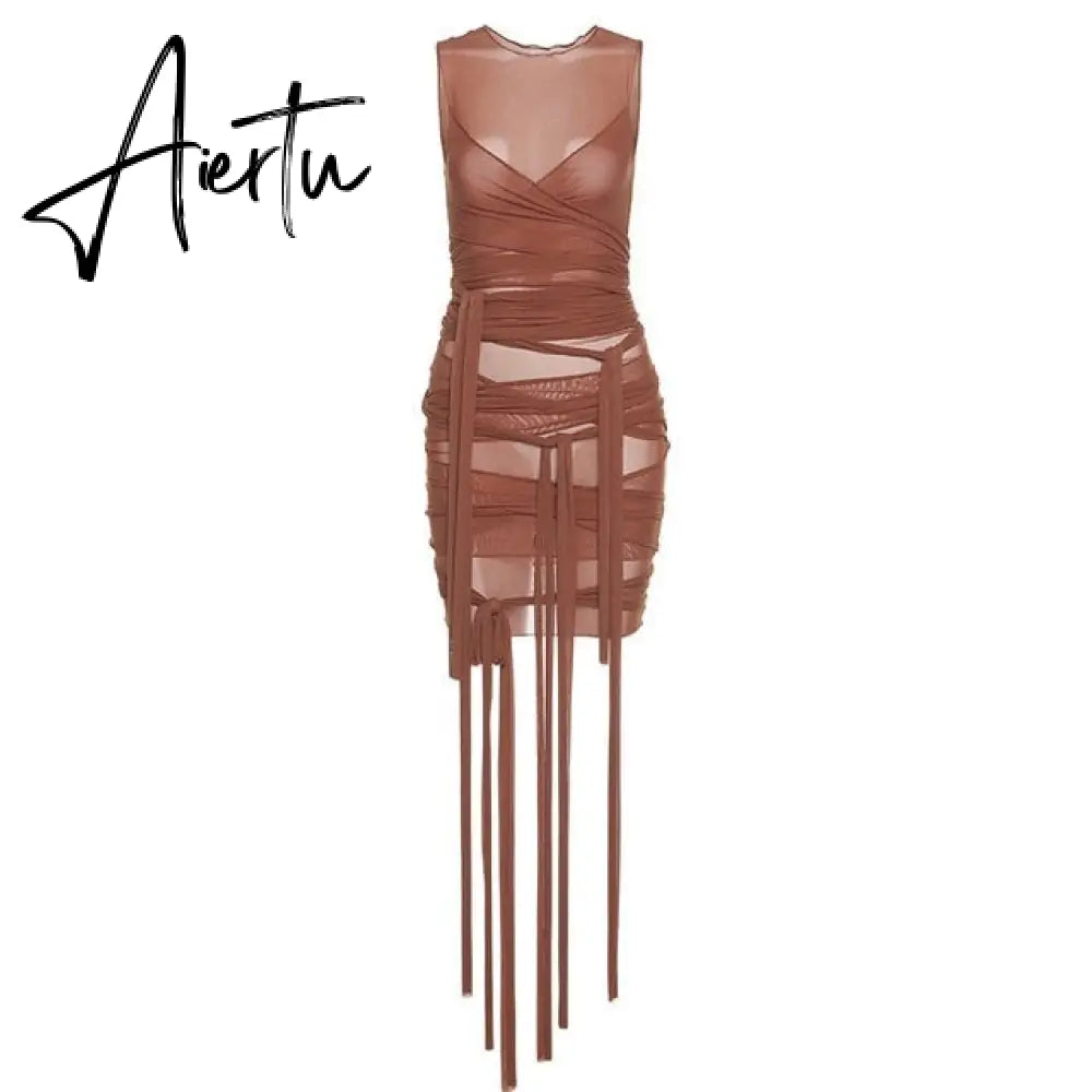 Mesh See Through Bodycon Party Dresses Women Sexy Clubwear Mini Dress Solid Sleeveless Basic Female Outfits Aiertu