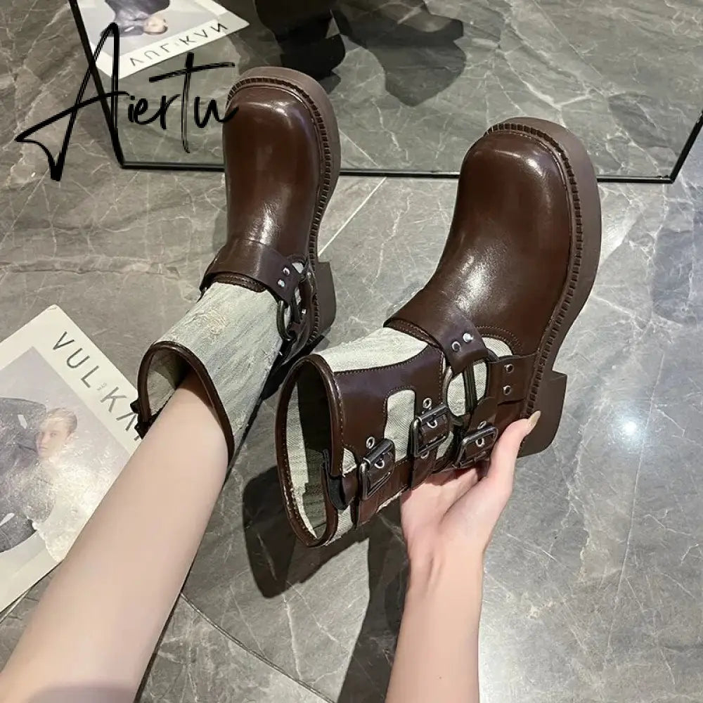 Metal Decor Chunky Platform Ankle Boots Women 2023 Autumn Patchwork Thick Bottom Motorcycle Boots Woman Pu Leather Short Booties Aiertu
