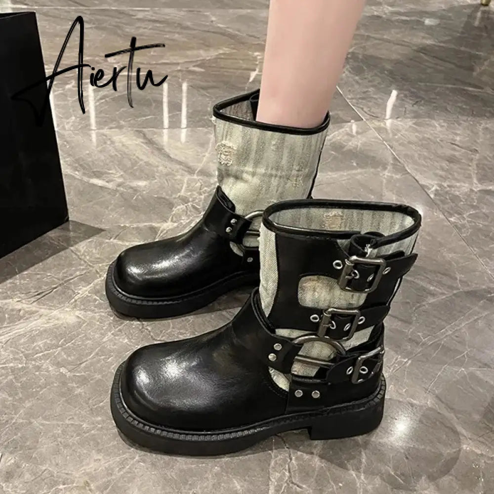 Metal Decor Chunky Platform Ankle Boots Women 2023 Autumn Patchwork Thick Bottom Motorcycle Boots Woman Pu Leather Short Booties Aiertu