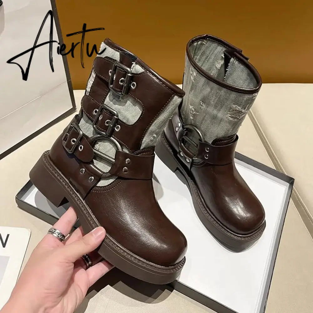 Metal Decor Chunky Platform Ankle Boots Women 2023 Autumn Patchwork Thick Bottom Motorcycle Boots Woman Pu Leather Short Booties Aiertu