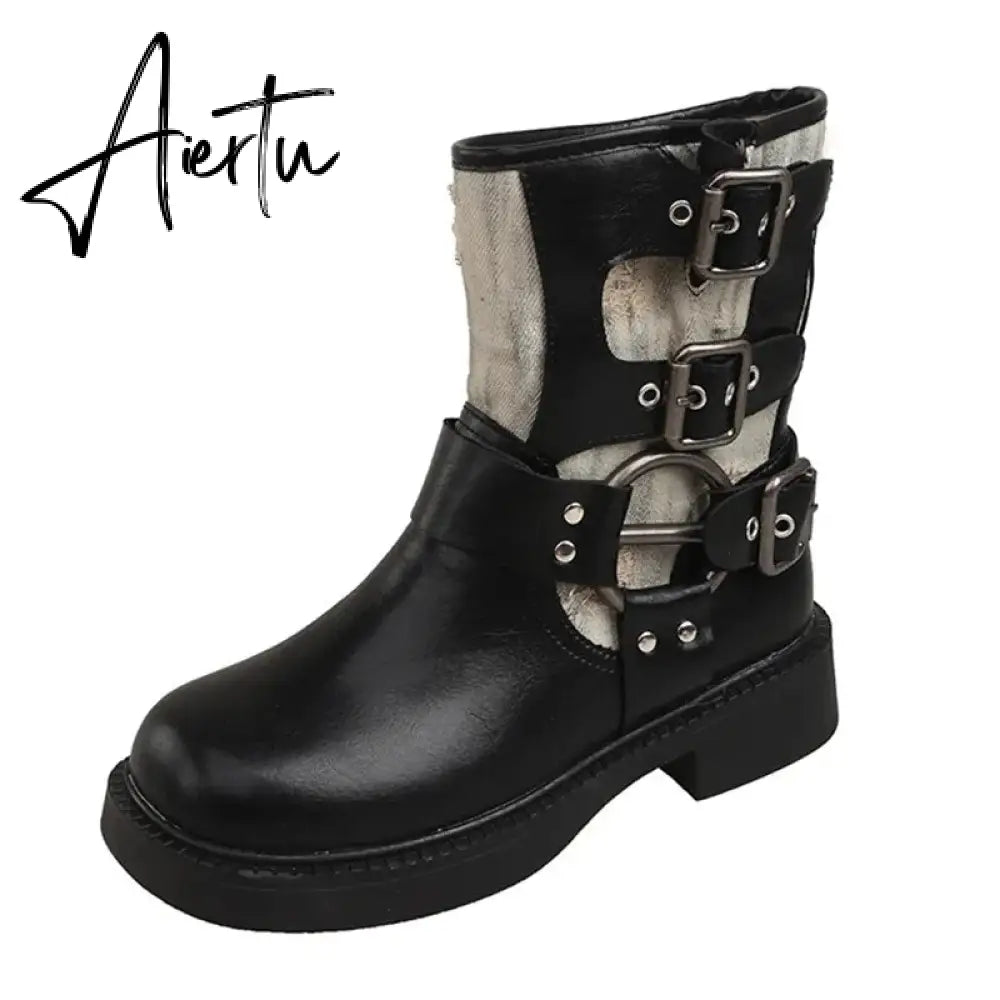 Metal Decor Chunky Platform Ankle Boots Women 2023 Autumn Patchwork Thick Bottom Motorcycle Boots Woman Pu Leather Short Booties Aiertu