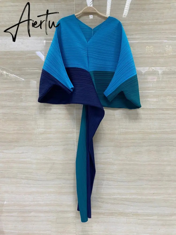 Miyake Pleated Lantern Bat Sleeve Autumn/Winter New Temperament Stitching V-Neck Fashion Loose Dress Vestidos Fiesta Daifa Aiertu