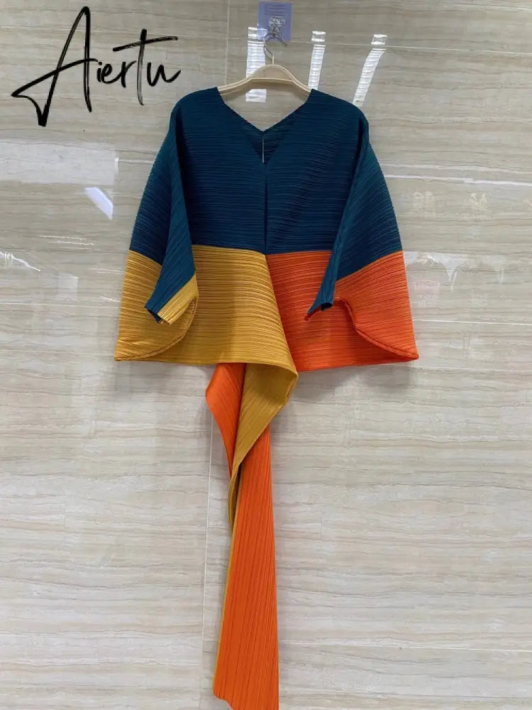Miyake Pleated Lantern Bat Sleeve Autumn/Winter New Temperament Stitching V-Neck Fashion Loose Dress Vestidos Fiesta Daifa Aiertu
