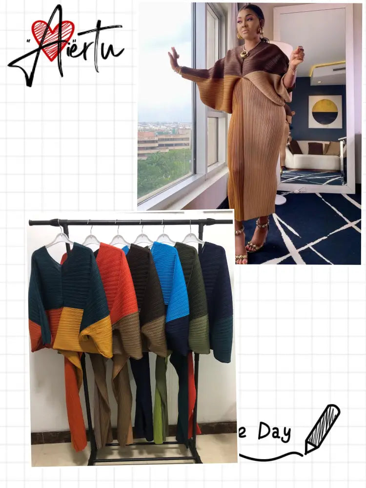 Miyake Pleated Lantern Bat Sleeve Autumn/Winter New Temperament Stitching V-Neck Fashion Loose Dress Vestidos Fiesta Daifa Aiertu