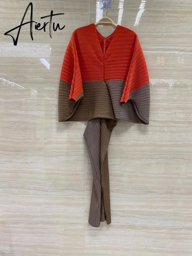 Miyake Pleated Lantern Bat Sleeve Autumn/Winter New Temperament Stitching V-Neck Fashion Loose Dress Vestidos Fiesta Daifa Aiertu