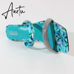 Modern Sandals Summer New Square Toe Crystal Print Women's High Heels Acrylic Square Heel Fashion Party Women's Sandals Aiertu