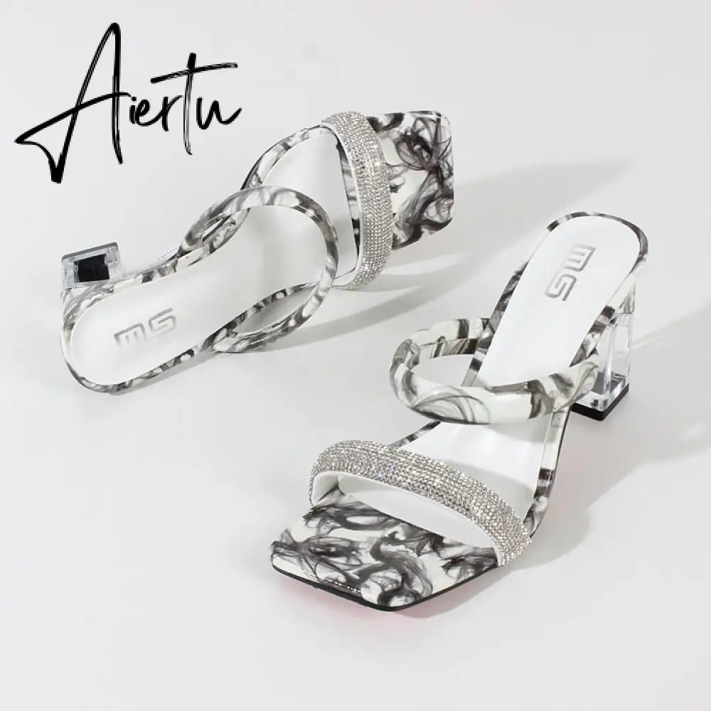 Modern Sandals Summer New Square Toe Crystal Print Women's High Heels Acrylic Square Heel Fashion Party Women's Sandals Aiertu