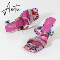 Modern Sandals Summer New Square Toe Crystal Print Women's High Heels Acrylic Square Heel Fashion Party Women's Sandals Aiertu