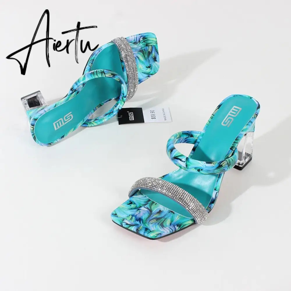 Modern Sandals Summer New Square Toe Crystal Print Women's High Heels Acrylic Square Heel Fashion Party Women's Sandals Aiertu