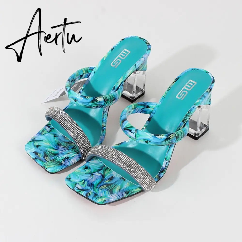 Modern Sandals Summer New Square Toe Crystal Print Women's High Heels Acrylic Square Heel Fashion Party Women's Sandals Aiertu