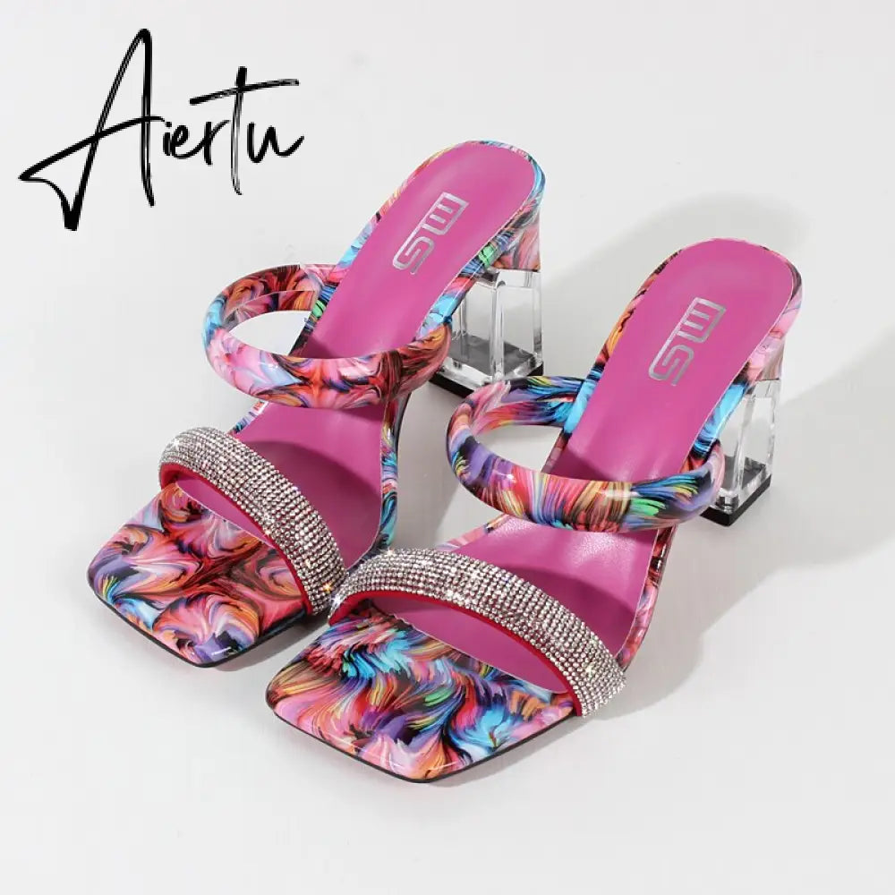 Modern Sandals Summer New Square Toe Crystal Print Women's High Heels Acrylic Square Heel Fashion Party Women's Sandals Aiertu