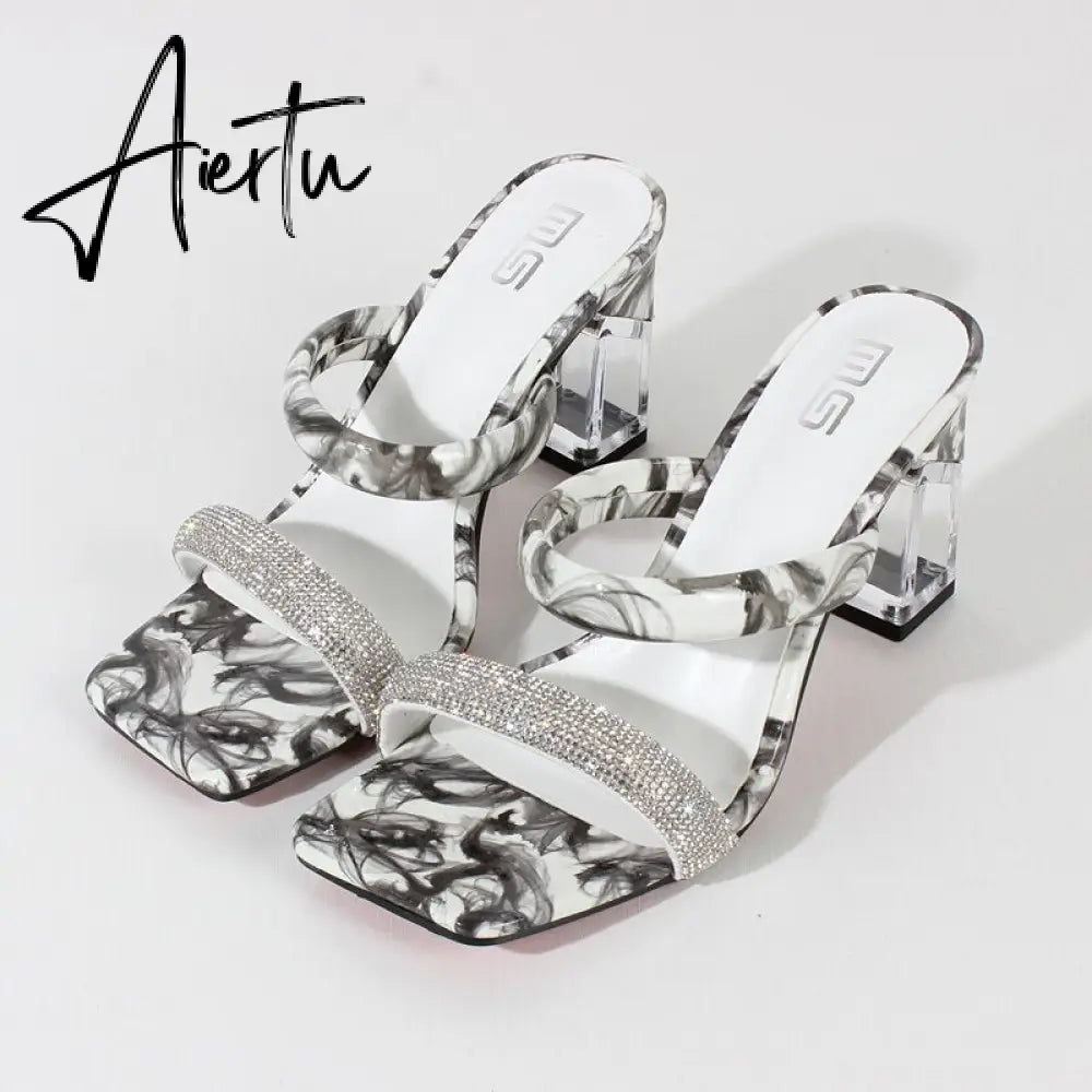 Modern Sandals Summer New Square Toe Crystal Print Women's High Heels Acrylic Square Heel Fashion Party Women's Sandals Aiertu
