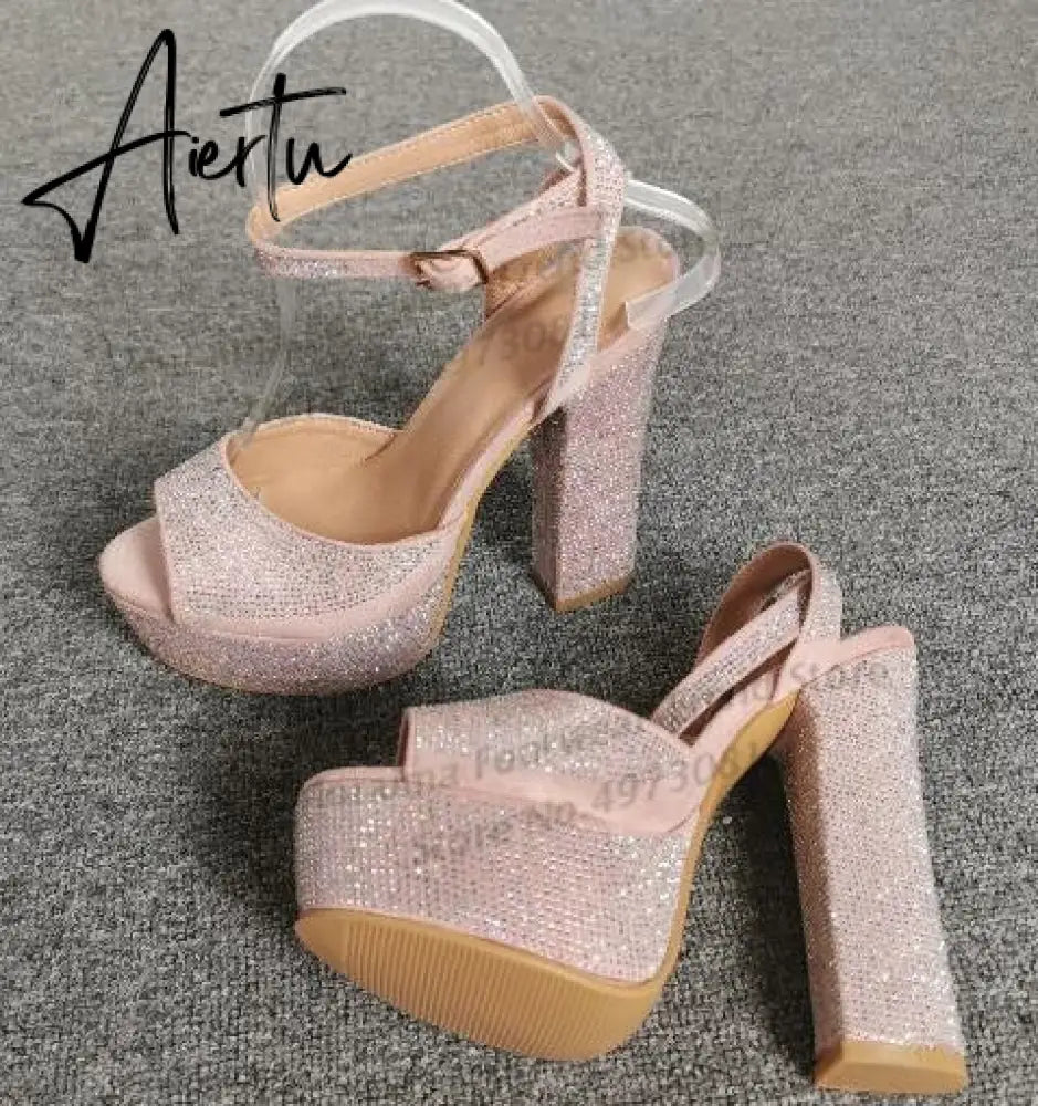 Moraima Snc Peep Toe Thick Heels Woman Sandal Rhinestones Ankle Strap Platform Shoes Sexy Chunk Heels Party Wedding Heels Aiertu