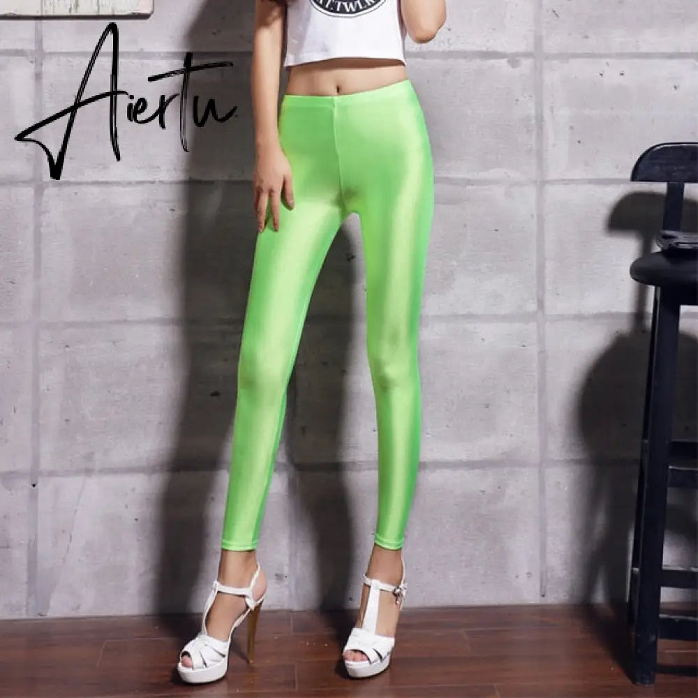 New 20 Candy Colors Solid Fluorescent Leggings Women Casual Plus Size Multicolor Shiny Glossy Legging Female Elastic Pant Aiertu