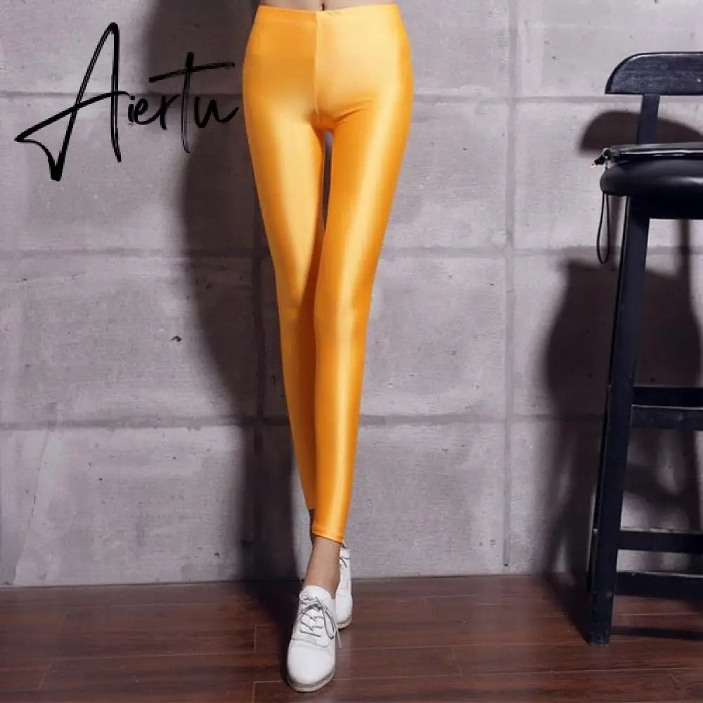 New 20 Candy Colors Solid Fluorescent Leggings Women Casual Plus Size Multicolor Shiny Glossy Legging Female Elastic Pant Aiertu