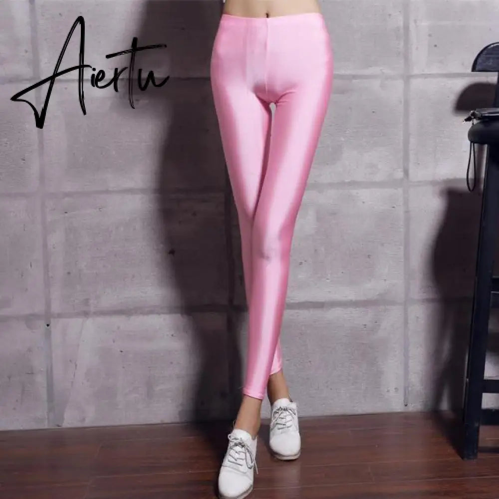 New 20 Candy Colors Solid Fluorescent Leggings Women Casual Plus Size Multicolor Shiny Glossy Legging Female Elastic Pant Aiertu