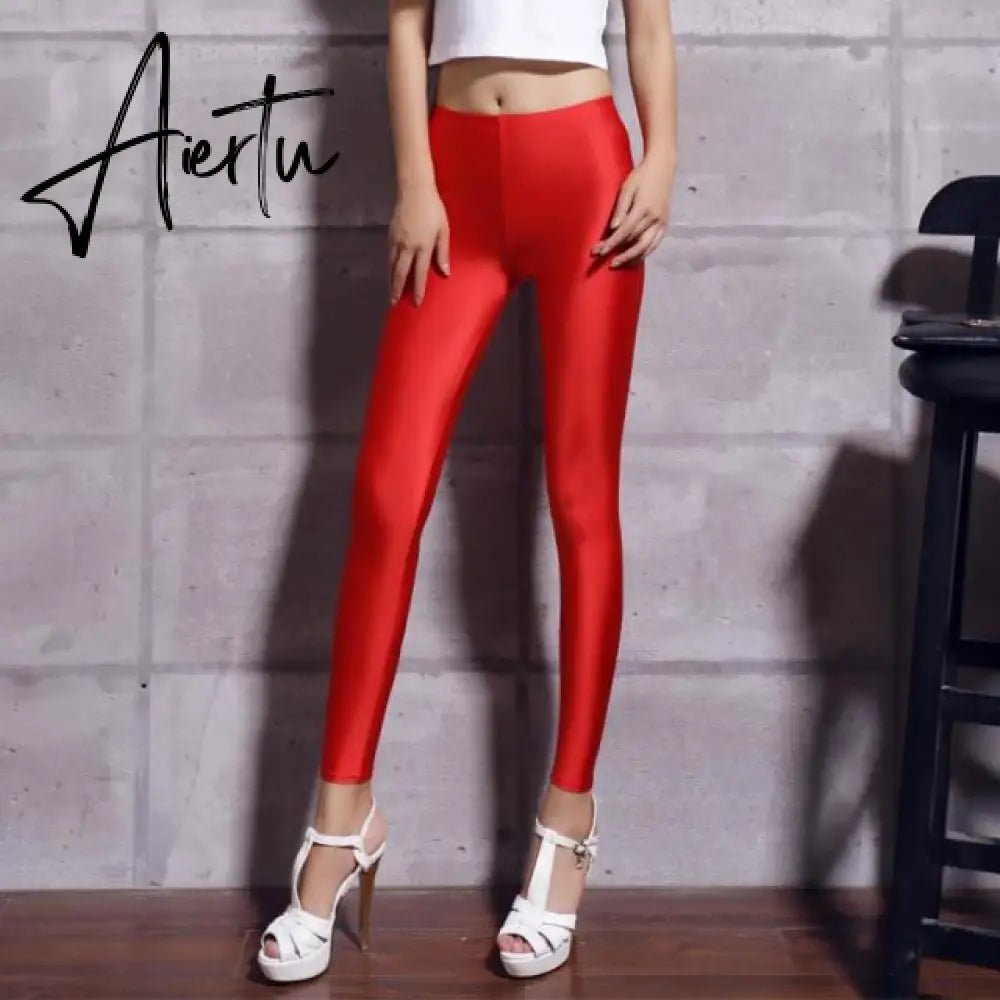 New 20 Candy Colors Solid Fluorescent Leggings Women Casual Plus Size Multicolor Shiny Glossy Legging Female Elastic Pant Aiertu