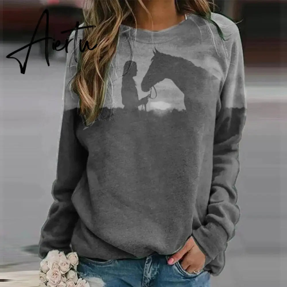 New Animal Horse Print Women Sweatshirt Fashion Elegant O Neck Women Tops Pullover Autumn Winter Casual Long Sleeve Blouse Aiertu