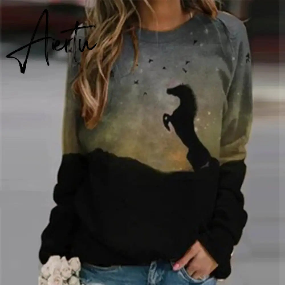New Animal Horse Print Women Sweatshirt Fashion Elegant O Neck Women Tops Pullover Autumn Winter Casual Long Sleeve Blouse Aiertu