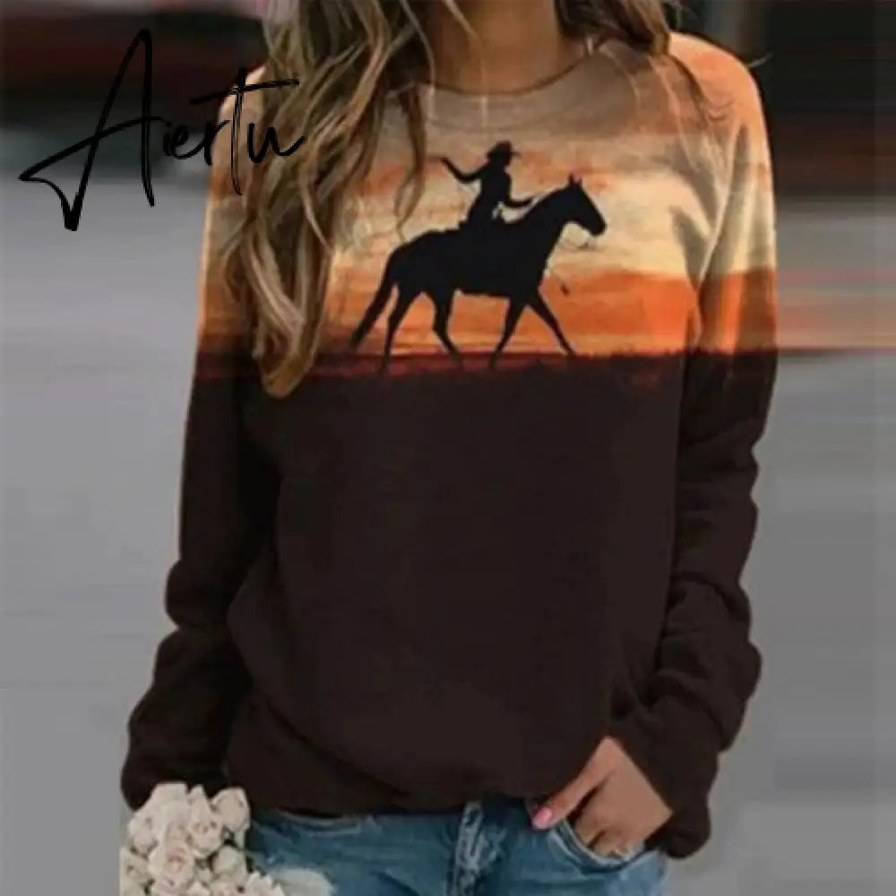 New Animal Horse Print Women Sweatshirt Fashion Elegant O Neck Women Tops Pullover Autumn Winter Casual Long Sleeve Blouse Aiertu