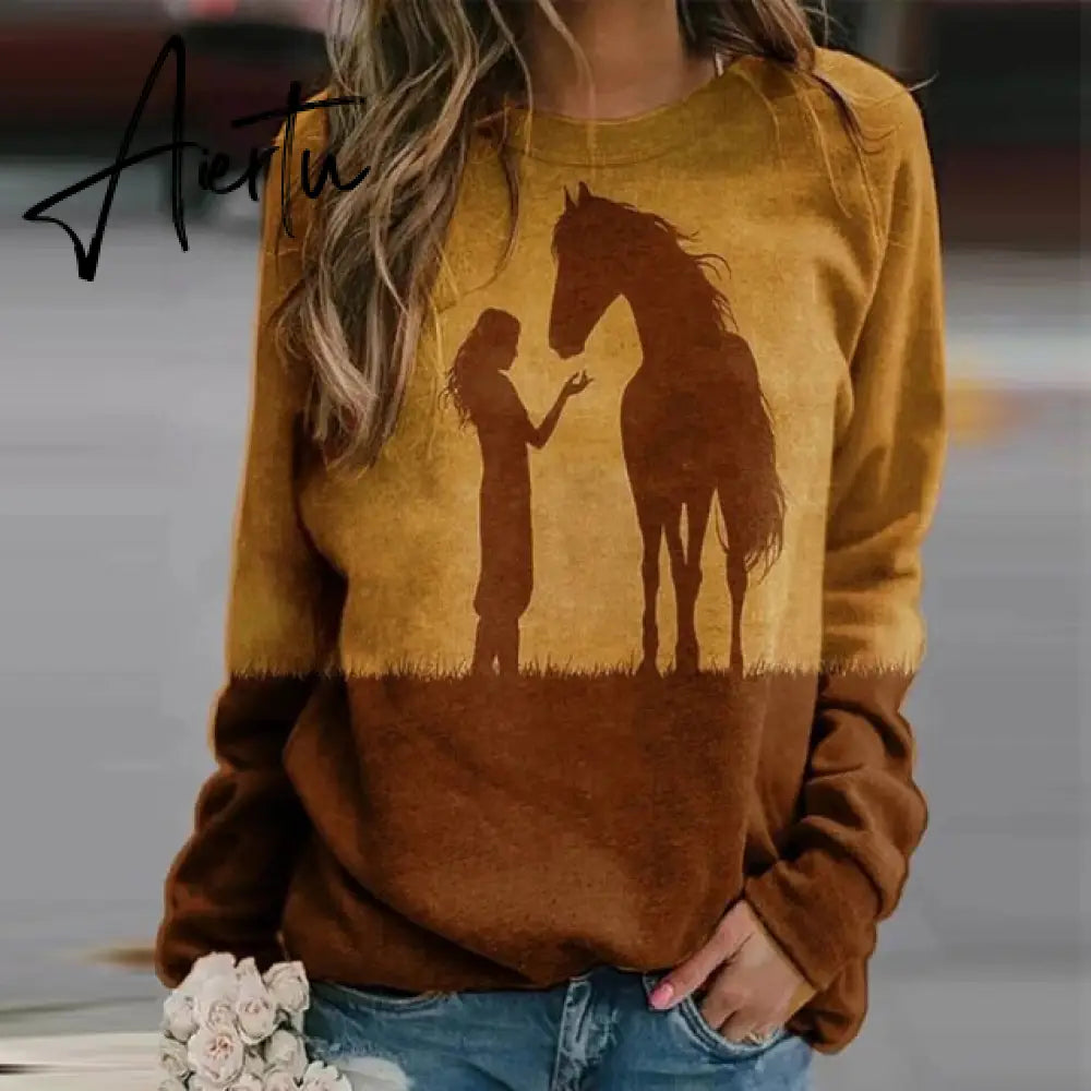 New Animal Horse Print Women Sweatshirt Fashion Elegant O Neck Women Tops Pullover Autumn Winter Casual Long Sleeve Blouse Aiertu