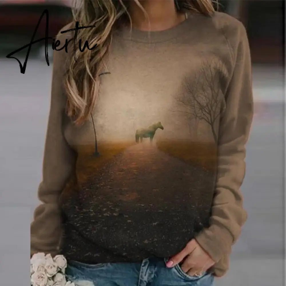 New Animal Horse Print Women Sweatshirt Fashion Elegant O Neck Women Tops Pullover Autumn Winter Casual Long Sleeve Blouse Aiertu