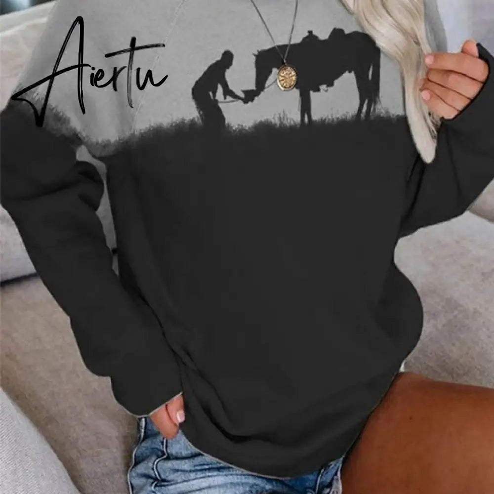New Animal Horse Print Women Sweatshirt Fashion Elegant O Neck Women Tops Pullover Autumn Winter Casual Long Sleeve Blouse Aiertu