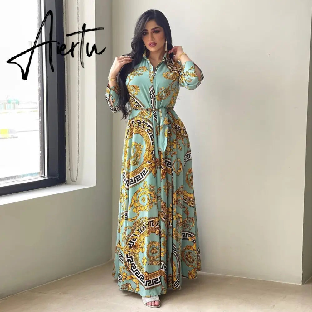 New Arrivals Dress For Women's Muslim French Elegant Long Sleeve Blouse Collar Dress Middle East Pearl Green Printed Skirt Aiertu