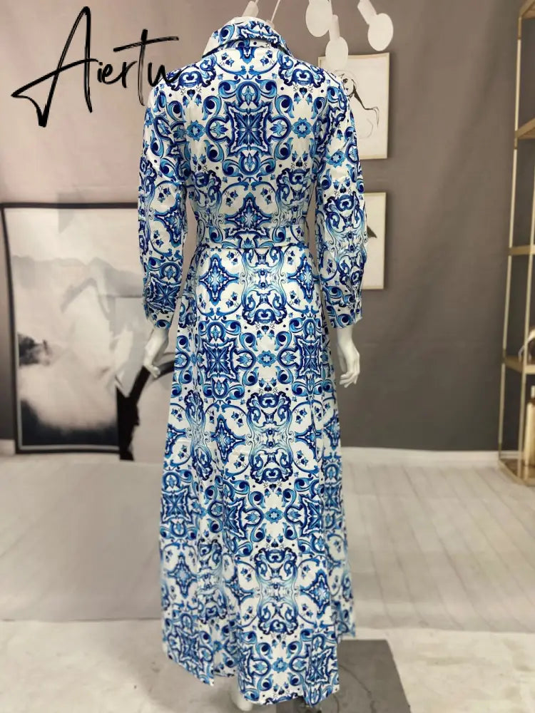 New Arrivals Dress For Women's Muslim French Elegant Long Sleeve Blouse Collar Dress Middle East Pearl Green Printed Skirt Aiertu