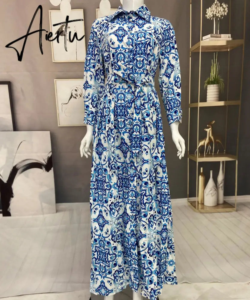 New Arrivals Dress For Women's Muslim French Elegant Long Sleeve Blouse Collar Dress Middle East Pearl Green Printed Skirt Aiertu