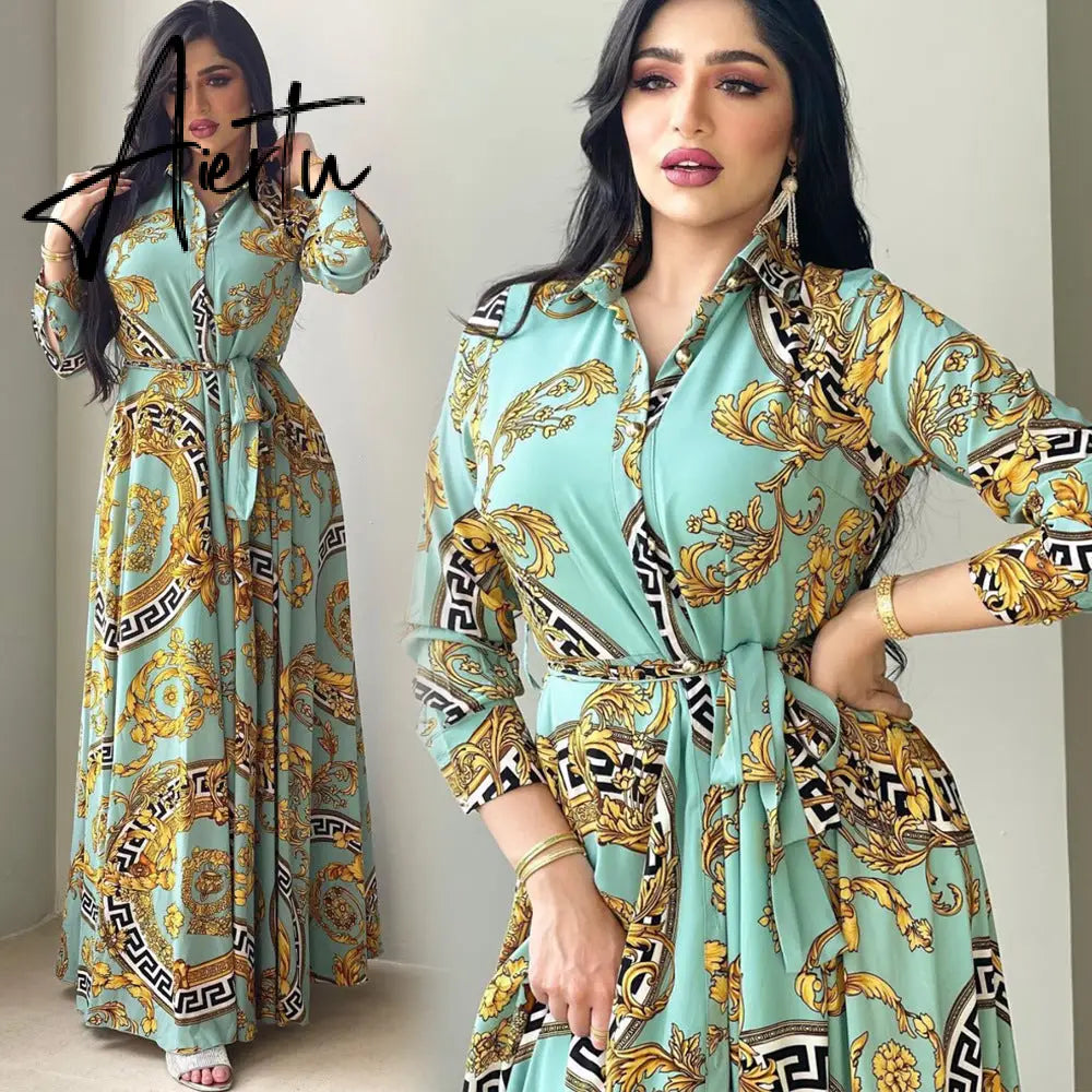 New Arrivals Dress For Women's Muslim French Elegant Long Sleeve Blouse Collar Dress Middle East Pearl Green Printed Skirt Aiertu