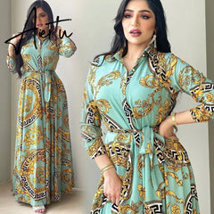 New Arrivals Dress For Women's Muslim French Elegant Long Sleeve Blouse Collar Dress Middle East Pearl Green Printed Skirt Aiertu