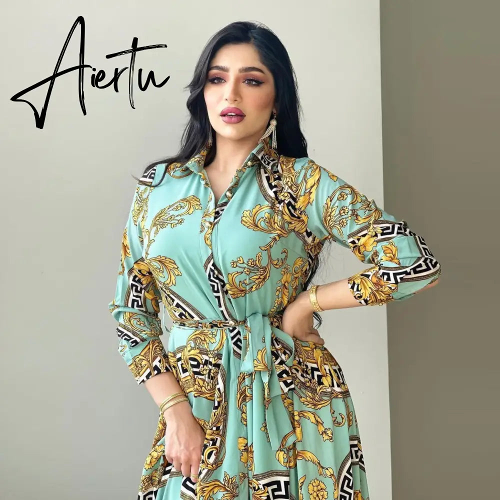 New Arrivals Dress For Women's Muslim French Elegant Long Sleeve Blouse Collar Dress Middle East Pearl Green Printed Skirt Aiertu