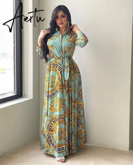 New Arrivals Dress For Women's Muslim French Elegant Long Sleeve Blouse Collar Dress Middle East Pearl Green Printed Skirt Aiertu