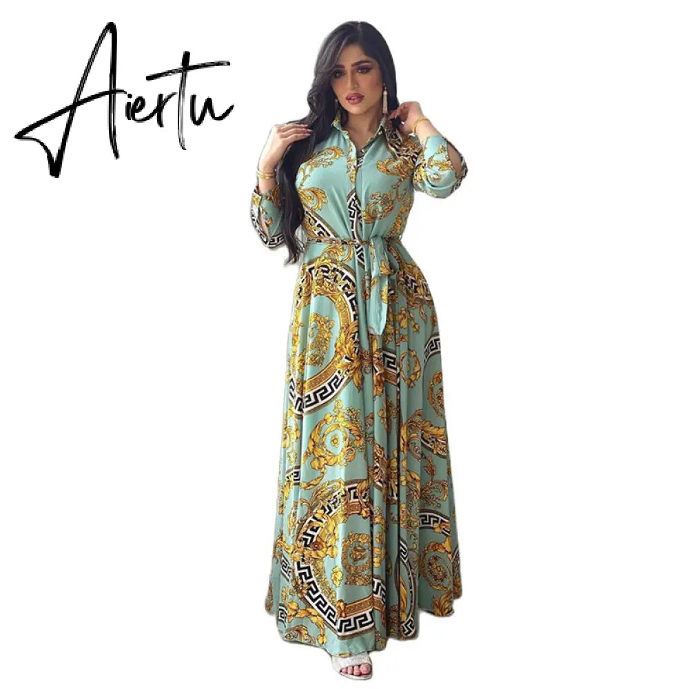 New Arrivals Dress For Women's Muslim French Elegant Long Sleeve Blouse Collar Dress Middle East Pearl Green Printed Skirt Aiertu