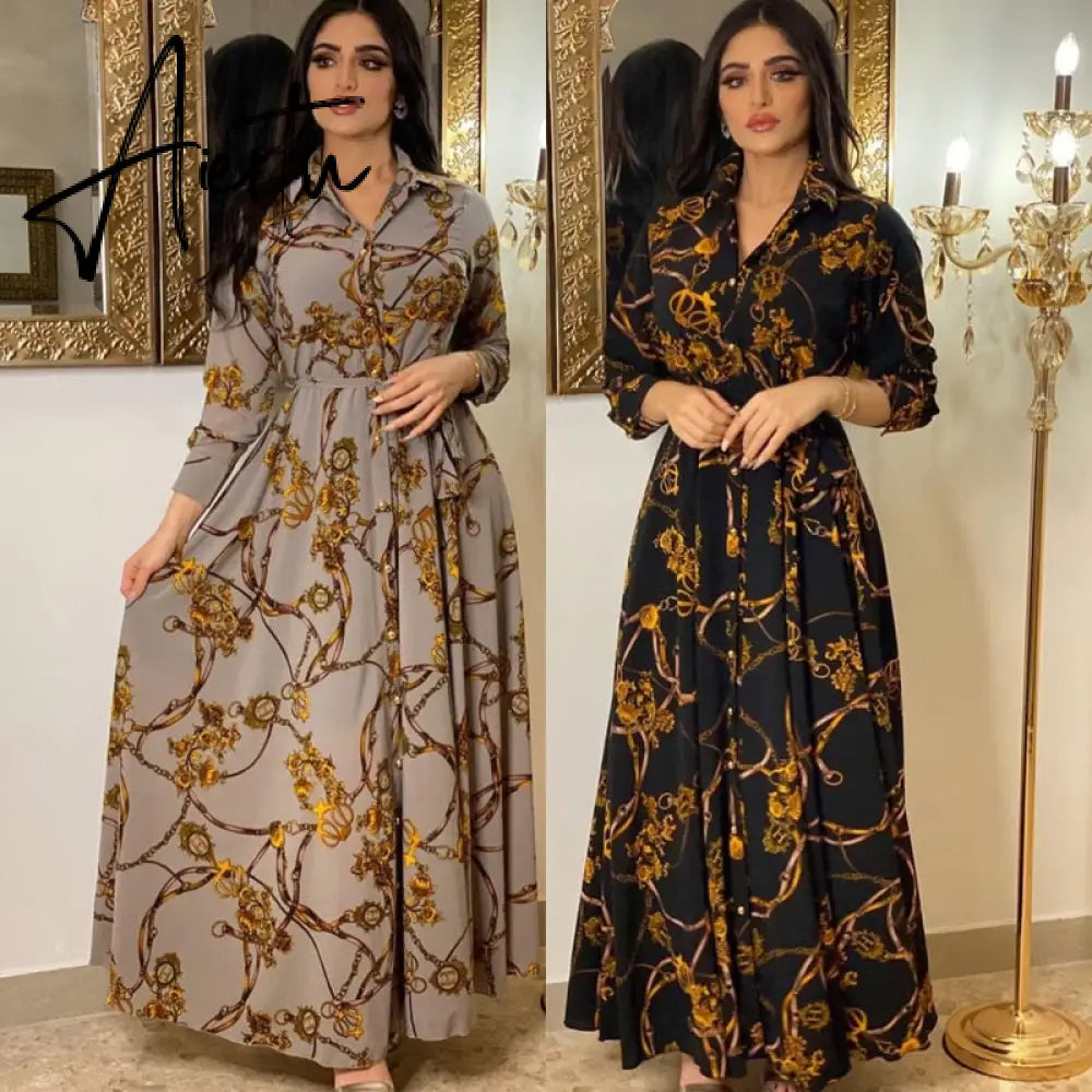 New Arrivals Dress For Women's Muslim French Elegant Long Sleeve Blouse Collar Dress Middle East Pearl Green Printed Skirt Aiertu