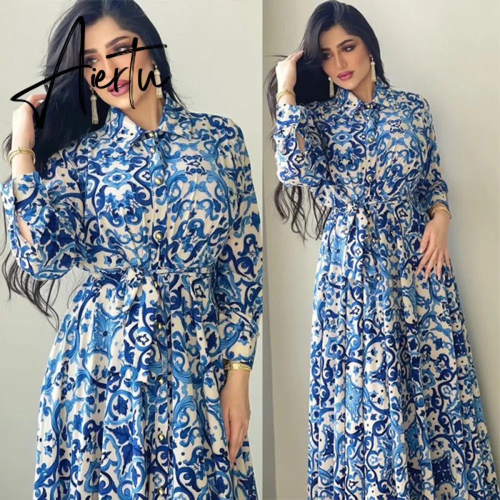 New Arrivals Dress For Women's Muslim French Elegant Long Sleeve Blouse Collar Dress Middle East Pearl Green Printed Skirt Aiertu
