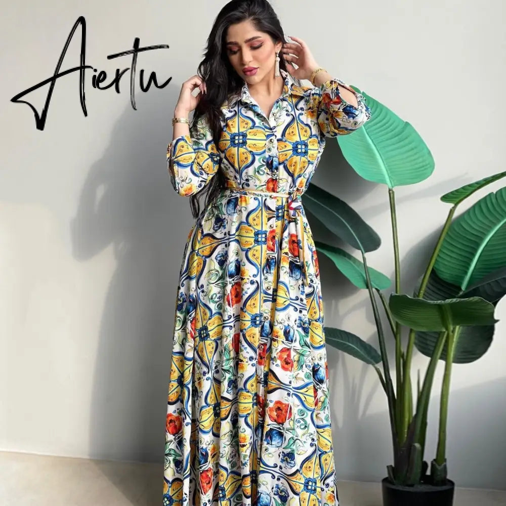 New Arrivals Dress For Women's Muslim French Elegant Long Sleeve Blouse Collar Dress Middle East Pearl Green Printed Skirt Aiertu