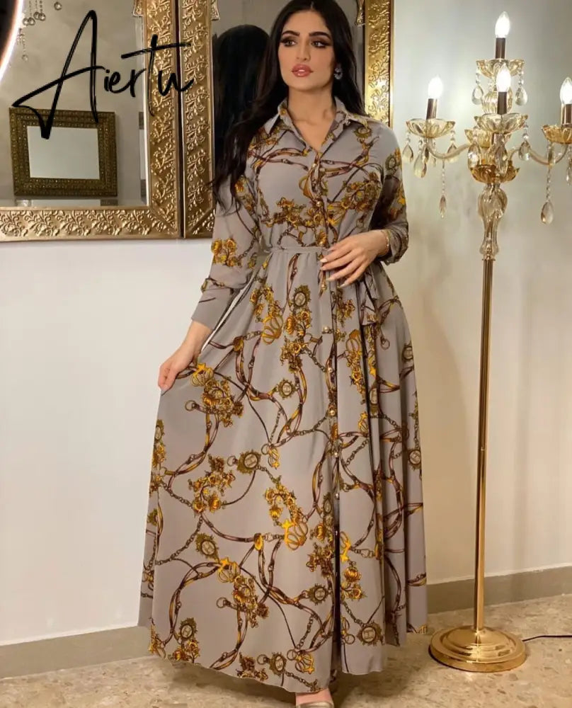New Arrivals Dress For Women's Muslim French Elegant Long Sleeve Blouse Collar Dress Middle East Pearl Green Printed Skirt Aiertu