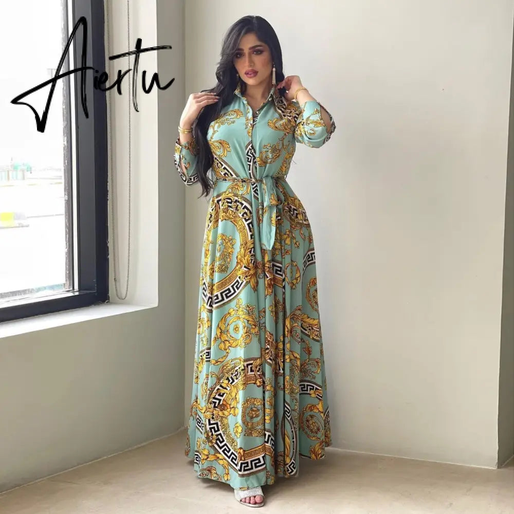 New Arrivals Dress For Women's Muslim French Elegant Long Sleeve Blouse Collar Dress Middle East Pearl Green Printed Skirt Aiertu