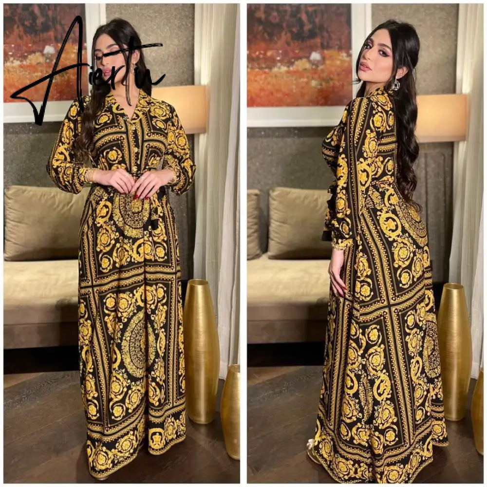 New Arrivals Dress For Women's Muslim French Elegant Long Sleeve Blouse Collar Dress Middle East Pearl Green Printed Skirt Aiertu